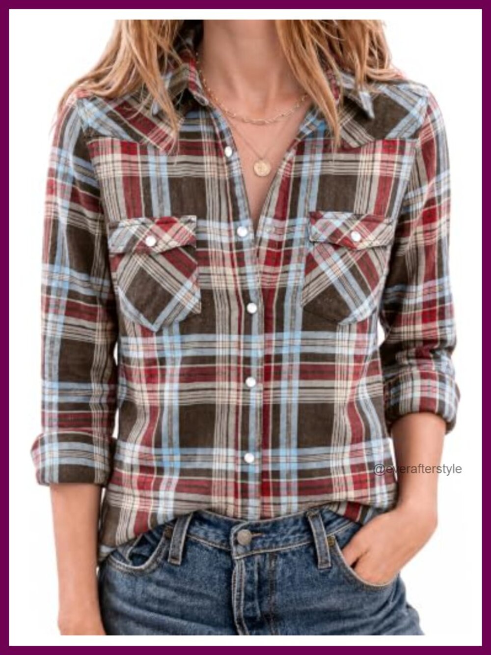Western Flannel Shirt Long Sleeve Pearl Snap Plaid Button-Down
